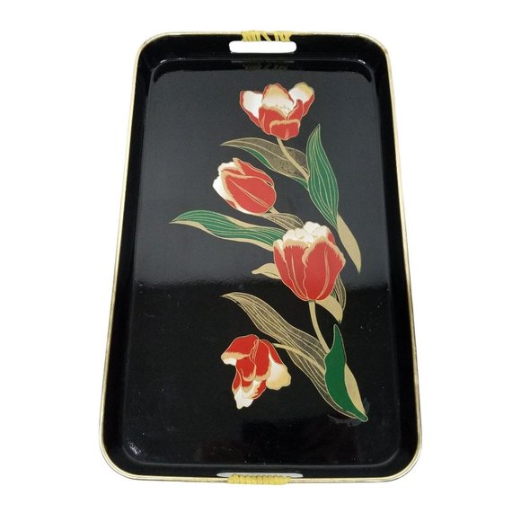 Vintage Serving Trays Wrapped Handles Iris Barware Lacquer Black Gold Japan - Picture 5 of 12